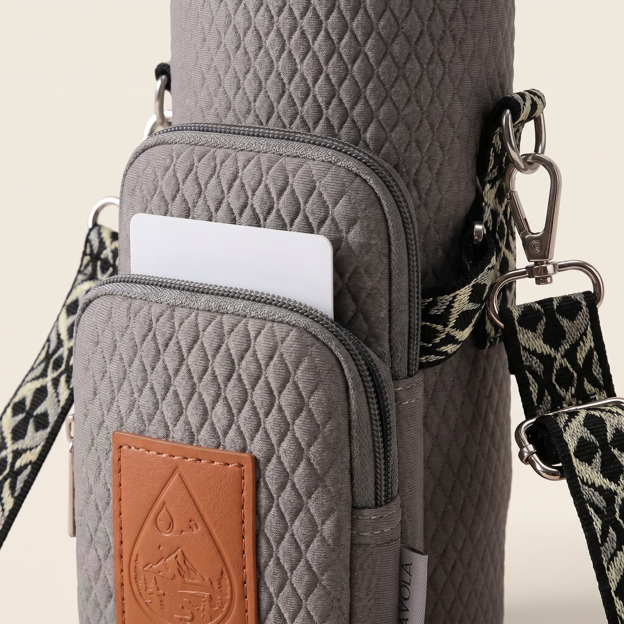 Close-up of the Travola bag's quilted neoprene bottle sleeve, RFID card pocket, and woven adjustable strap, showing the material quality and stitching.