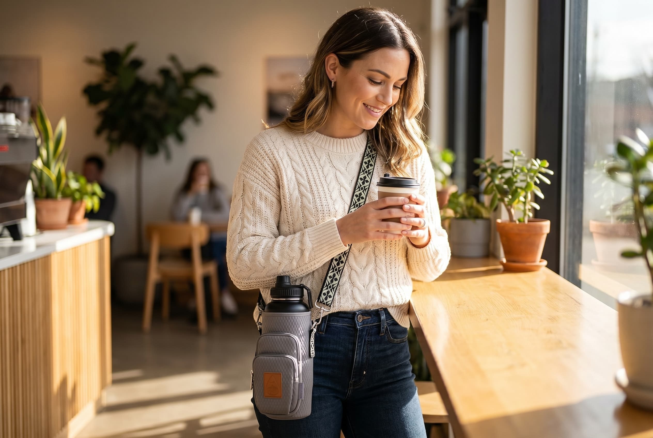 Woman at a coffee shop counter wearing the Travola crossbody hydration purse, water bottle in the neoprene sleeve and both hands free to carry her coffee.