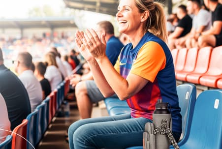 Woman cheering from sports field bleachers with the Travola crossbody hydration purse, water bottle visible in the neoprene sleeve and hands free to clap.