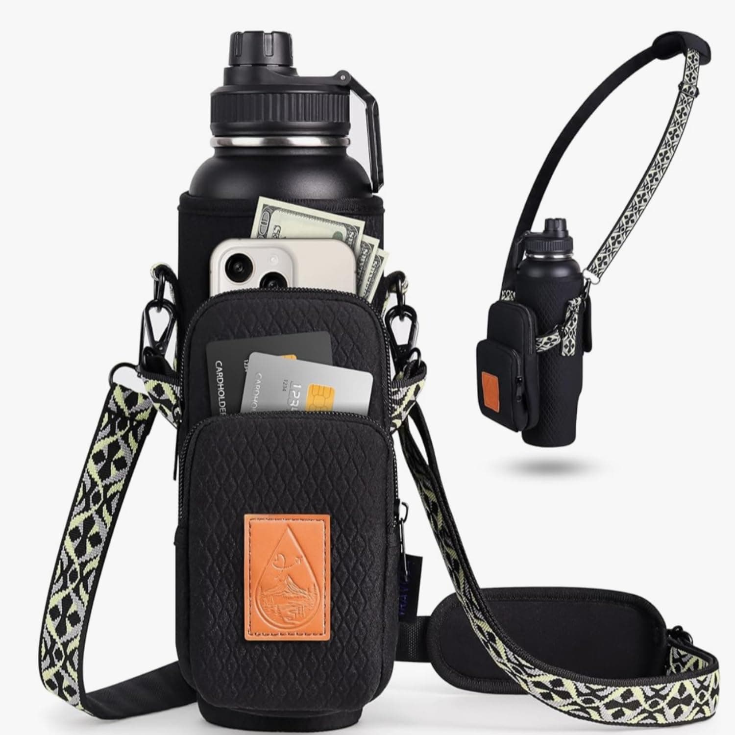 The Travola crossbody hydration purse in Midnight Haze black neoprene, shown with the insulated bottle sleeve, woven adjustable strap, and the detachable card and phone purse holding cards and a phone.