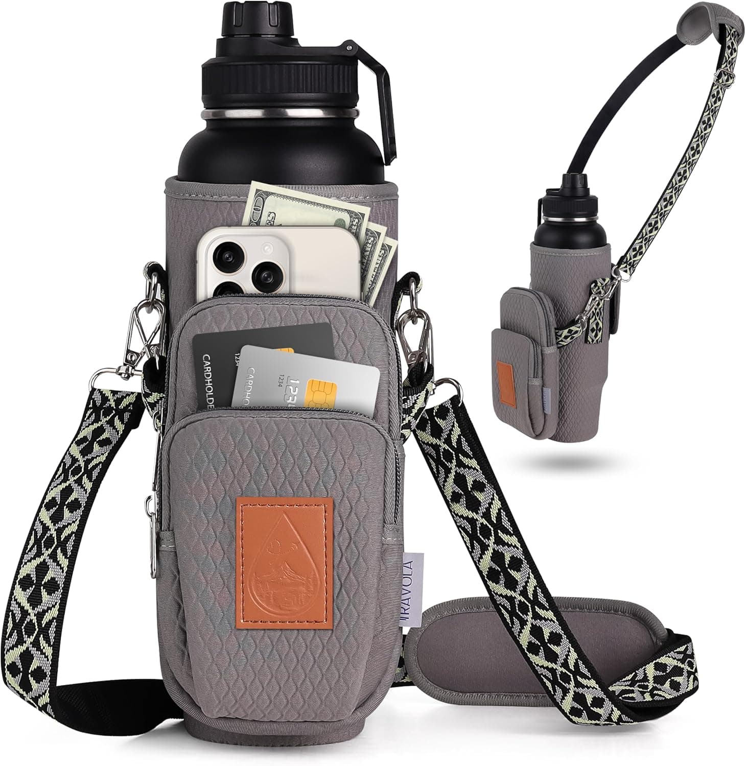 The Travola crossbody hydration purse in Morning Fog grey neoprene, shown with the insulated bottle sleeve, woven adjustable strap, and the detachable card and phone purse holding cards and a phone.